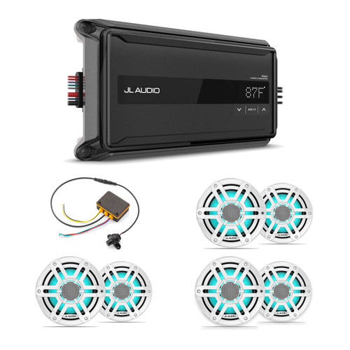 JL Audio M200 6.5" RGB LED Marine Speakers & AP600/6 6-Channel Amplifier with MLC-RW LED Controller Bundle - 6 Speakers, White Sport