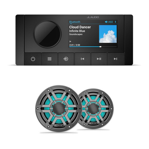 JL Audio M200 6.5" RGB LED Marine Speakers & A60 Bluetooth Stereo Bundle - 2 Speakers, Gunmetal Sport