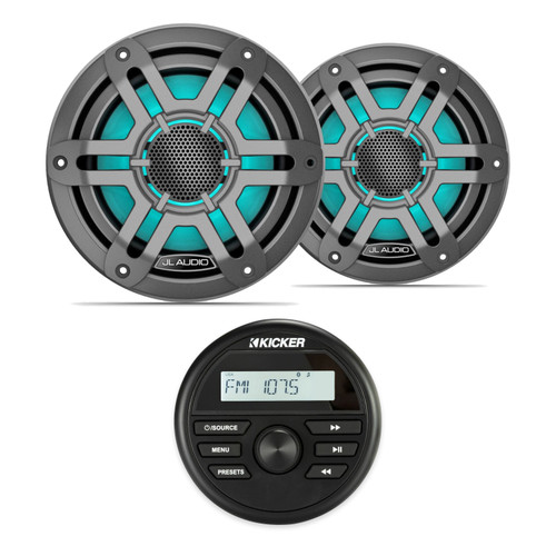 JL Audio M200 6.5" RGB LED Marine Speakers & Kicker KMC2 Bluetooth Stereo Bundle - 2 Speakers, Gunmetal Sport