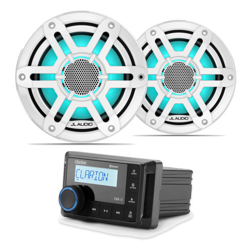 JL Audio M200 6.5" RGB LED Marine Speakers & Clarion CMM-10 Bluetooth Stereo Bundle - 2 Speakers, White Sport