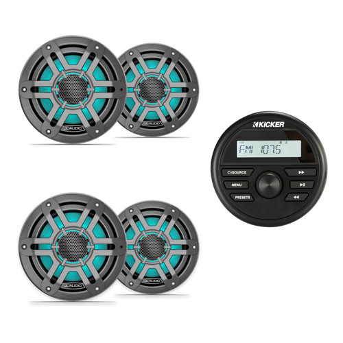 JL Audio M200 6.5" RGB LED Marine Speakers & Kicker KMC2 Bluetooth Stereo Bundle - 4 Speakers, Gunmetal Sport