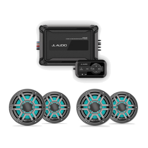 JL Audio M200 6.5" RGB LED Marine Speakers & AP200/4BT Bluetooth Amplifier Bundle - 4 Speakers, Gunmetal Sport