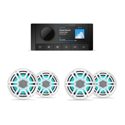 JL Audio M200 6.5" RGB LED Marine Speakers & A60 Bluetooth Stereo Bundle - 4 Speakers, White Sport