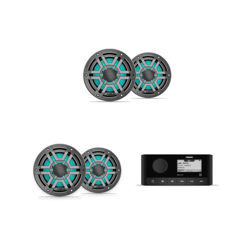 JL Audio M200 6.5" RGB LED Marine Speakers & Fusion MS-RA60 Bluetooth Stereo Bundle - 4 Speakers, Gunmetal Sport