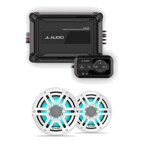 JL Audio M200 6.5" RGB LED Marine Speakers & AP200/4BT Bluetooth Amplifier Bundle - 2 Speakers, White Sport