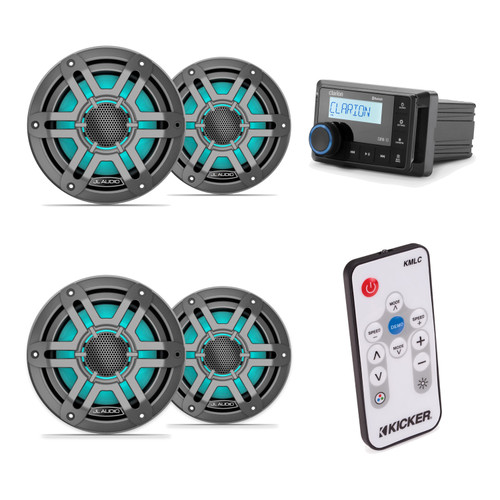 JL Audio M200 6.5" RGB LED Marine Speakers & Clarion CMM-10 Bluetooth Stereo with Kicker KMLC LED Controller Bundle - 4 Speakers, Gunmetal Sport