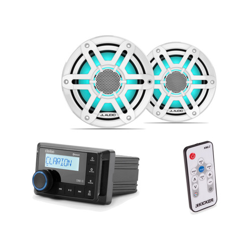 JL Audio M200 6.5" RGB LED Marine Speakers & Clarion CMM-10 Bluetooth Stereo with Kicker KMLC LED Controller Bundle - 2 Speakers, White Sport