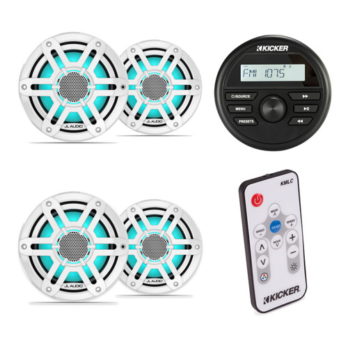 JL Audio M200 6.5" RGB LED Marine Speakers & Kicker KMC2 Bluetooth Stereo with Kicker KMLC LED Controller Bundle - 4 Speakers, White Sport