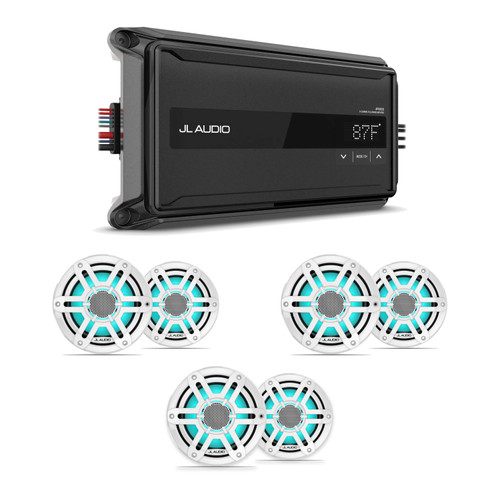 JL Audio M200 6.5" RGB LED Marine Speakers & AP600/6 6-Channel Amplifier Bundle - 6 Speakers, White Sport