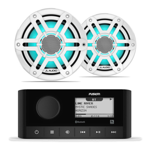 JL Audio M200 6.5" RGB LED Marine Speakers & Fusion MS-RA60 Bluetooth Stereo Bundle - 2 Speakers, White Sport