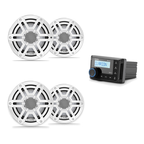 JL Audio M200 6.5" Marine Speaker & Clarion CMM-10 Bluetooth Stereo Bundle - 4 Speakers (2 Pairs), White Sport, Non-LED