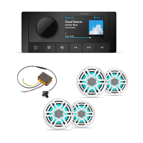 JL Audio M200 6.5" RGB LED Marine Speakers & A60 Bluetooth Stereo with MLC-RW LED Controller Bundle - 4 Speakers, White Sport