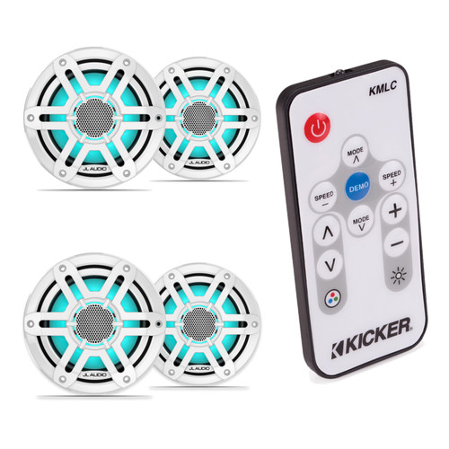 JL Audio M200 6.5" RGB LED Marine Speakers with Kicker KMLC LED Controller Bundle - 4 Speakers, White Sport