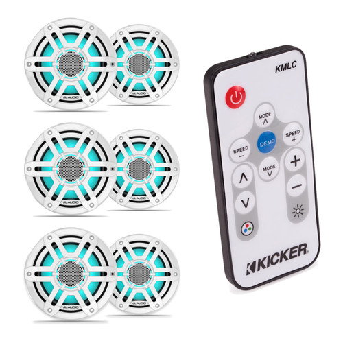 JL Audio M200 6.5" RGB LED Marine Speakers with Kicker KMLC LED Controller Bundle - 6 Speakers, White Sport