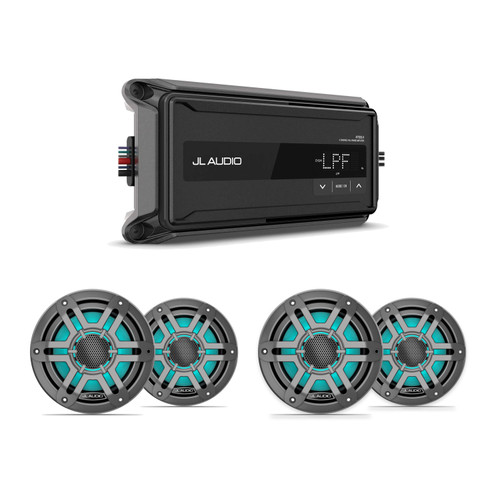 JL Audio M200 6.5" RGB LED Marine Speakers & AP300/4 4-Channel Amplifier Bundle - 4 Speakers, Gunmetal Sport