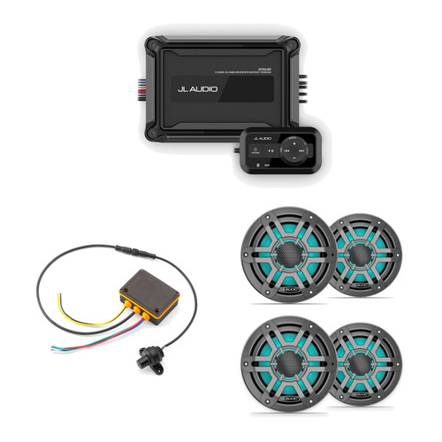 JL Audio M200 6.5" RGB LED Marine Speakers & AP200/4BT Bluetooth Amplifier with MLC-RW LED Controller Bundle - 4 Speakers, Gunmetal Sport