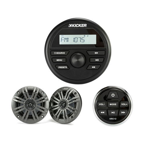 Kicker KMC2 Marine Stereo, 4-Inch Speaker Pair and KRC12 Remote