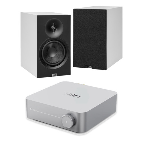 WIIM AMP SILVER STREAMING AMPLIFER WITH ELAC DEBUT 3.0 BOOKSHELVES-DB53 WHITE
