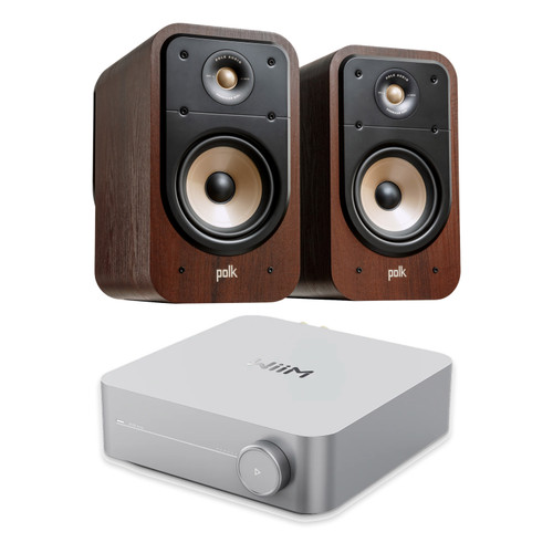 WIIM AMP SILVER STREAMING AMPLIFER WITH POLK SIGNATURE ELITE ES20 (BROWN) BOOKSHELVES