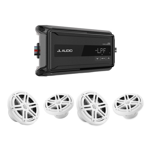 JL Audio M3 Marine Sport Grill White Speaker and Amplifier Bundle – 4 Speaker DIY Upgrade for Pontoon, Center Console and Runabout Boats