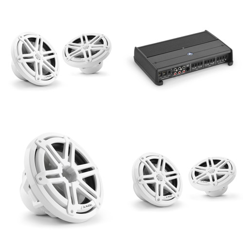 JL Audio Marine Audio System – M3 6.5" & 7.7" Coaxial Speakers, 10" Subwoofer & XDM700/5 5-Channel Amplifier – White Sport Grille Boat Sound System
