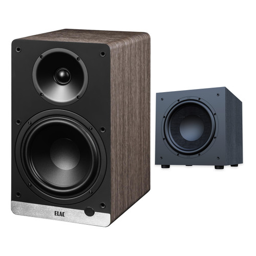 ELAC DCB61 Walnut Powered Speakers + DS123 12in Debut 3.0 Subwoofer