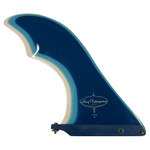 Side View - Guy Takayama Stingray longboard single fin blue on white gloss finish fiberglass surfboard fin