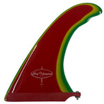 Side View - Guy Takayama Moray longboard single fin rasta gloss finish fiberglass surfboard fin