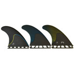 Side View - Used Futures Mayhem 2.0 medium thruster fin set for shortboard, high performance surfboard fins