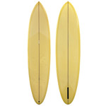 Top and Bottom View - Used 7'6" Arenal Surfboards B68 midlength surfboard in yellow