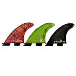 Side View - FCS II Kolohe Andino used small thruster fins in green grey and red, performance core tri fin set for shortboard surfing