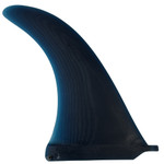 Side View -  10.5" Almond Pin Fin lightly-used longboard single fin surfboard in blue colorway for classic noseriding and smooth trimming