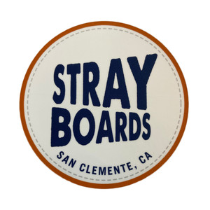 Front view of Stray Boards San Clemente Ca Circle Sticker - white Front view of Stray Boards San Clemente Ca Circle Sticker - white