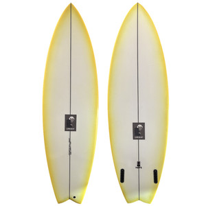 Top and Bottom View - 5'9" Lundquist “Duppy” Fish New Twin Fin Fish Surfboard BLEM – fast, stylish twin-fin surfboard with minor cosmetic blemish.