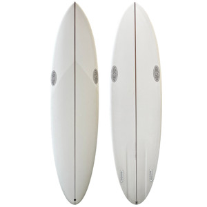 Top and Bottom View of 6'10" RS Surf Co "Blue Dream" New Channel Twin Pin Surfboard - Clear