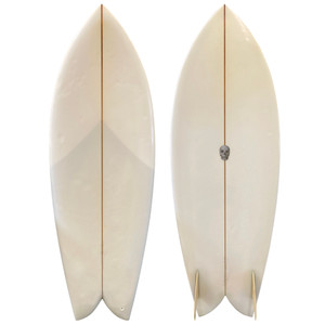 Top and Bottom view of a 5'4" Chris Christenson Fish surfboard with glass-on keel fins – used custom twin-fin board at Stray Boards San Clemente Top and Bottom view of a 5'4" Chris Christenson Fish surfboard with glass-on keel fins – used custom twin-fin board at Stray Boards San Clemente