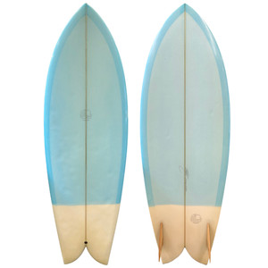 Top and Bottom view of a 5'6" Mitsven Surfboards Fish with glass-on keel fins – used custom twin-fin board at Stray Boards San Clemente Top and Bottom view of a 5'6" Mitsven Surfboards Fish with glass-on keel fins – used custom twin-fin board at Stray Boards San Clemente