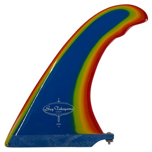Side View - Guy Takayama Moray longboard single fin multi color gloss finish fiberglass surfboard fin