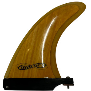 Side View - Used 7.0 inch Infinity midlength single trailer surfboard fin in wood finish, high-performance center fin for midlength and longboard surfboards.