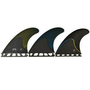Side View - Used Futures Mayhem 2.0 medium thruster fin set for shortboard, high performance surfboard fins