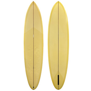 Top and Bottom View - Used 7'6" Arenal Surfboards B68 midlength surfboard in yellow