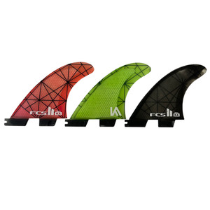 Side View - FCS II Kolohe Andino used small thruster fins in green grey and red, performance core tri fin set for shortboard surfing