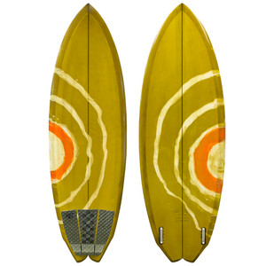 Top and Bottom View of Used 5'2 Resonance Surfboards WZRD Twin high performance fish surfboard twin fin for fast small wave surfing