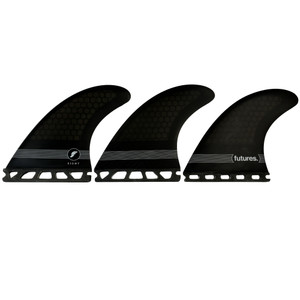 Lightly used Futures Fins F8 Large Thruster Fin Set featuring a performance-oriented honeycomb construction designed for speed, control, and powerful surfing in a variety of wave conditions.