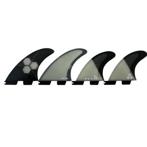 Side view of the FCS II "AM Quad" Quad Fin Set Large - a Lightly-Used Quad Surfboard Fin Set available For Sale at Stray Boards San Clemente CA