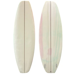 Top and Bottom View - 5'4.5" Sarinana Surfboards custom asymmetrical shortboard in lightly-used condition, featuring lightweight EPS construction, a full-length bottom channel, and alcohol-stained fiberglass artwork.