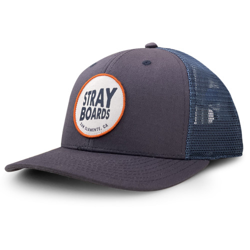 "Stray Boards 6 panel adjustable hat in navy and blue — premium surf and skate lifestyle cap"