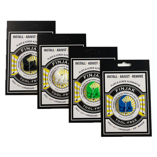 FinJak tool-free surfboard fin adjustment system for single and center fins, available in 4 colors FinJak tool-free surfboard fin adjustment system for single and center fins, available in 4 colors