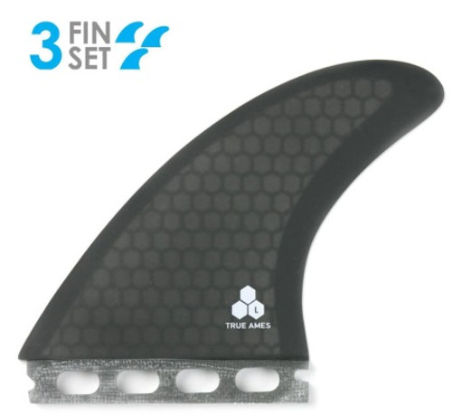 “Stray Boards True Ames Channel Islands large Futures thruster fin set black hexcore”