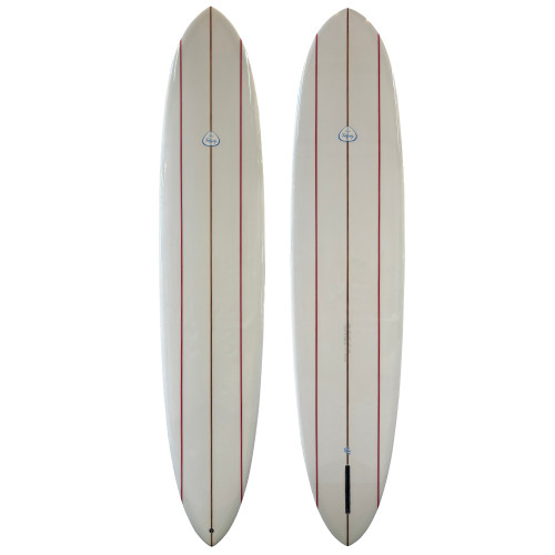 Top and Bottom View: 9'3 Tootgundy "Speed Egg" glider used longboard surfboard with triple stringer and clear gloss polish